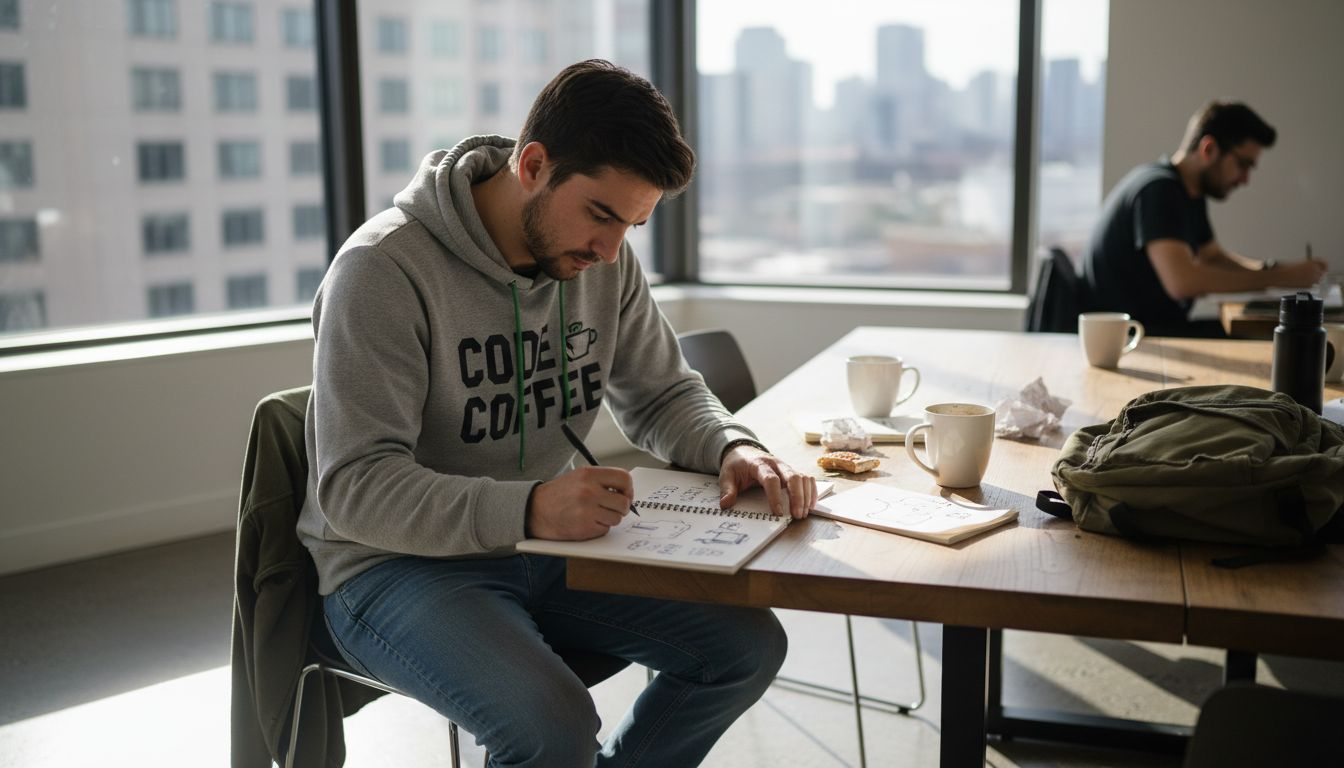 Developer sketches apparel designs at startup desk