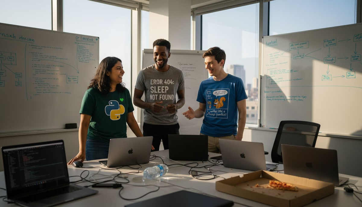 Developers in tech-themed shirts working in corner office
