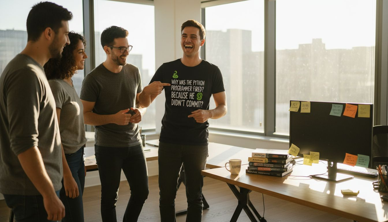 Developer joking in office with programming shirt