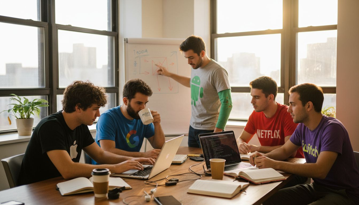 Tech team wearing branded apparel in office