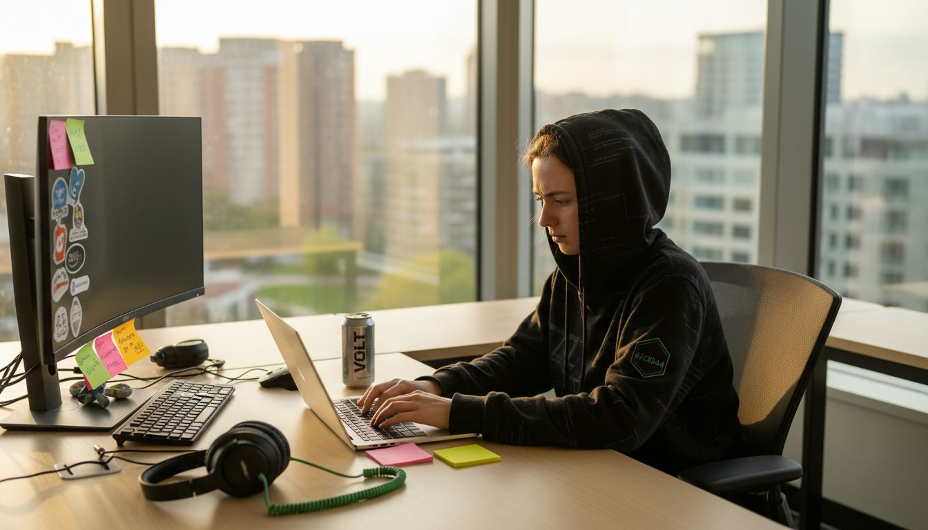 Developer in tech merch working at desk