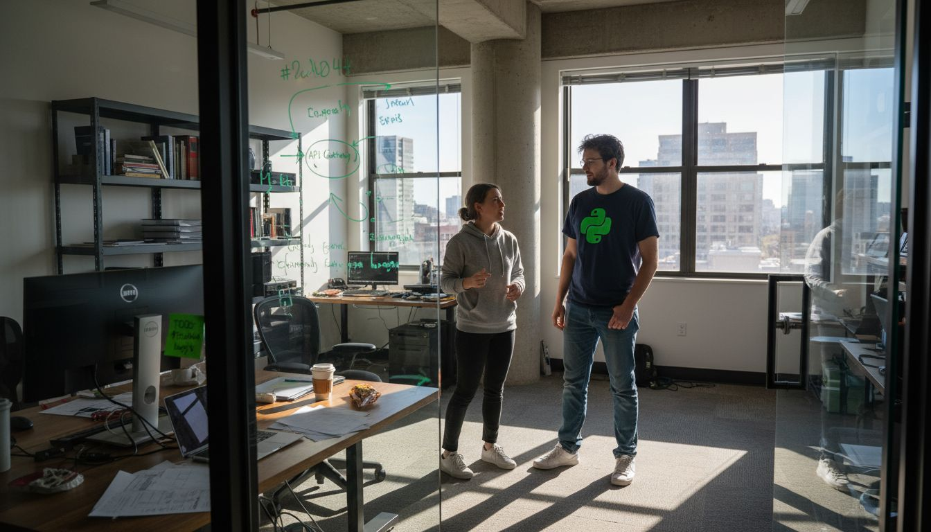 Engineer in branded T-shirt in tech startup office