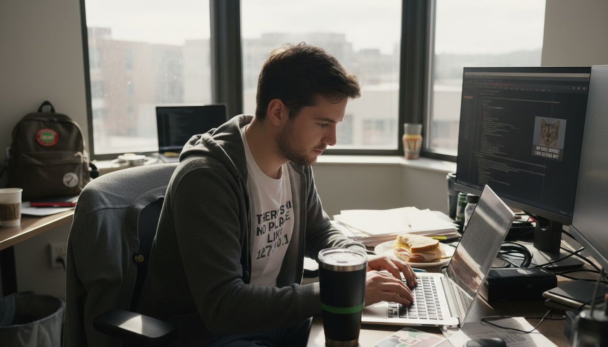 Developer in geek fashion at desk coding