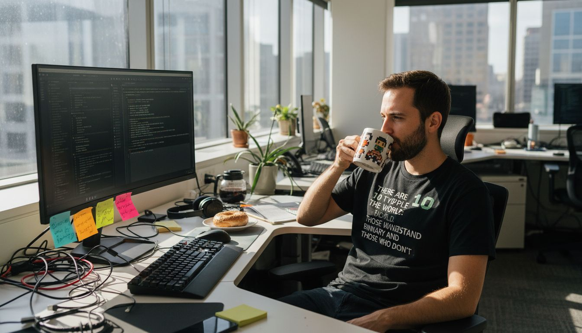Developer in geek t-shirt coding at office desk
