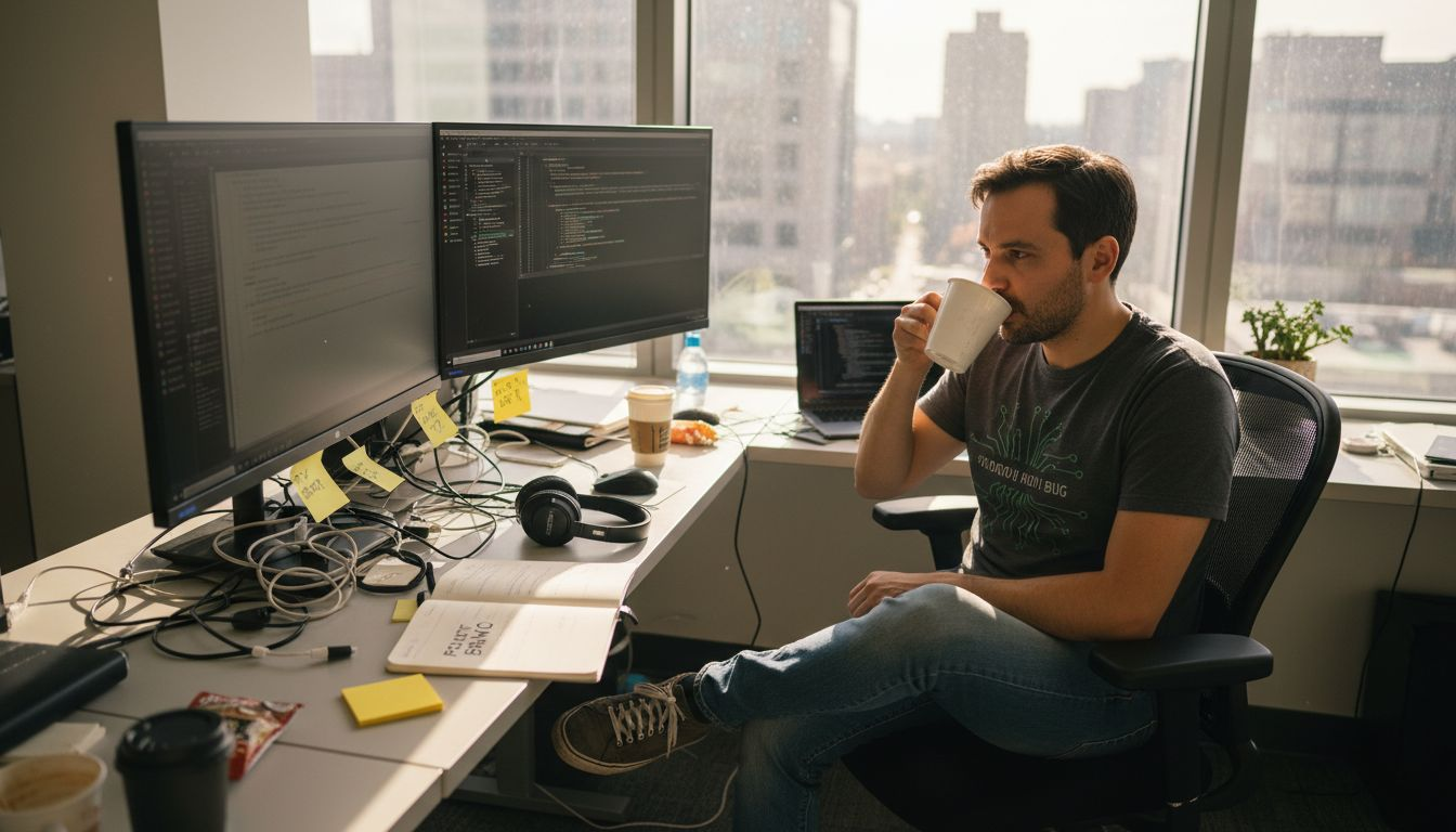 Developer in graphic tee debugging at cluttered desk
