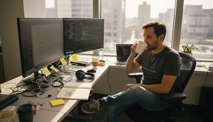 Developer in graphic tee debugging at cluttered desk