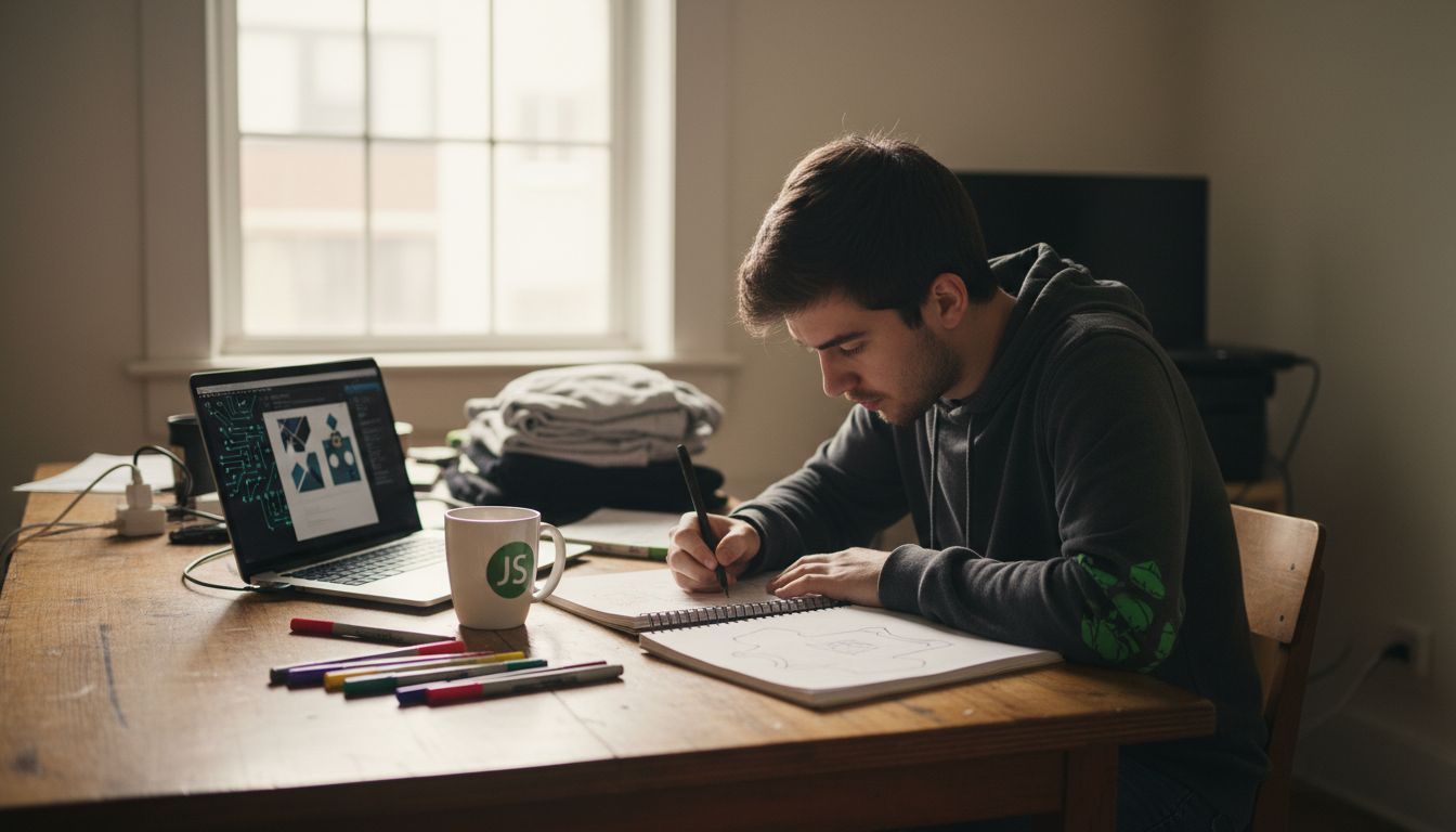 Programmer sketching tech t-shirt design at cluttered desk