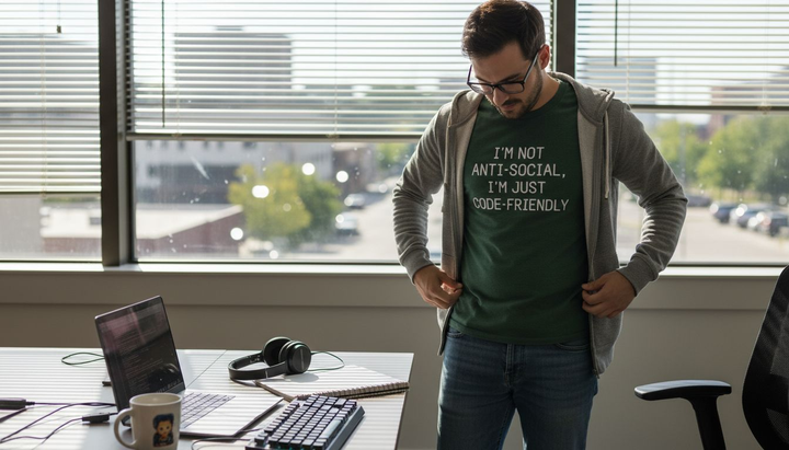 Developer wearing nerd fashion in tech office