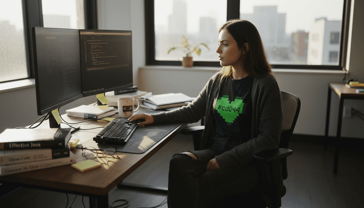 Developer wearing geek shirt in corner office