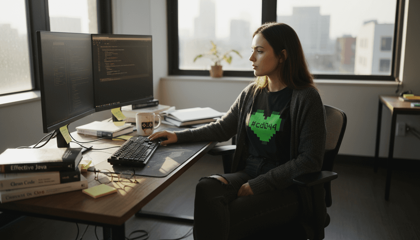Developer wearing geek shirt in corner office