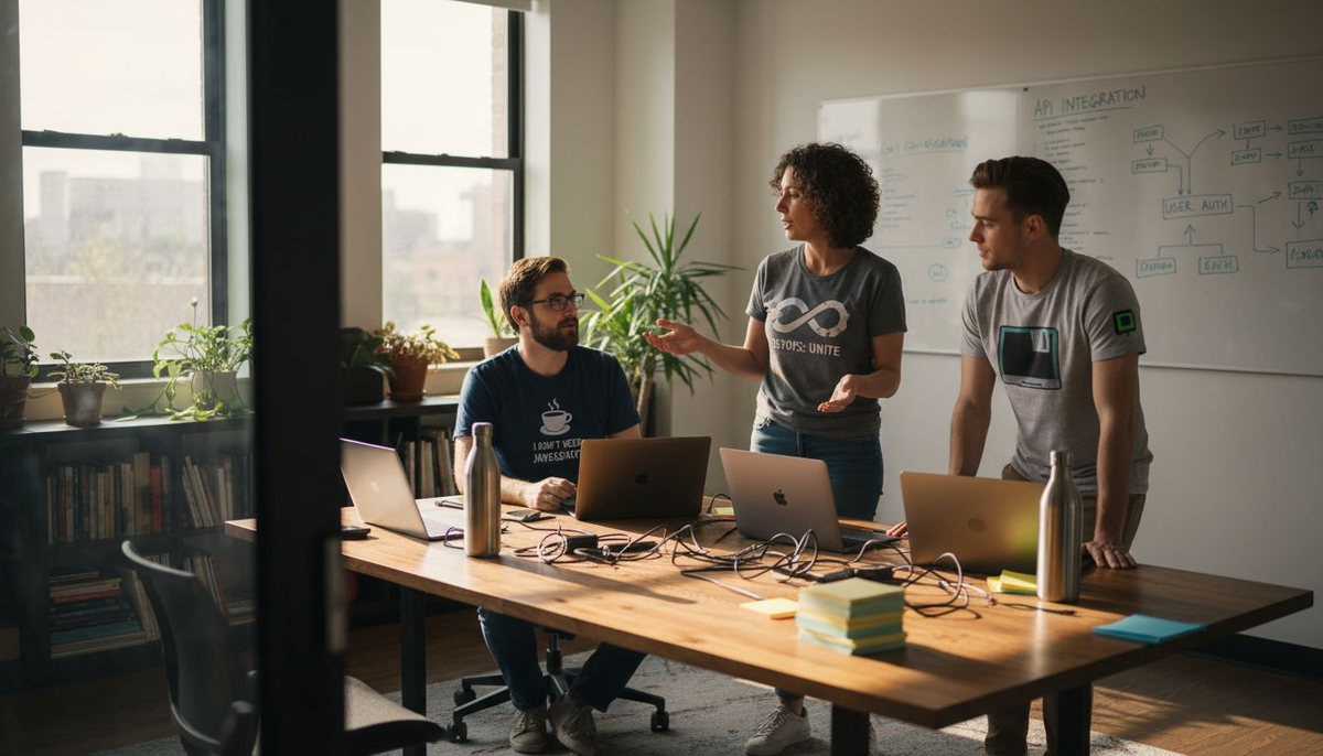 Developers in graphic tees in corner office