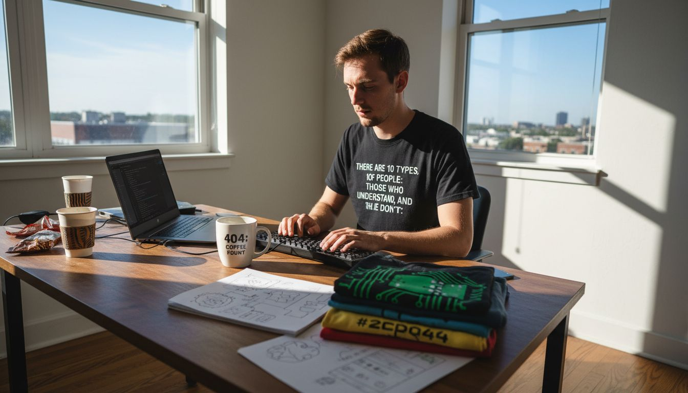 Developer at desk with coding t-shirt designs