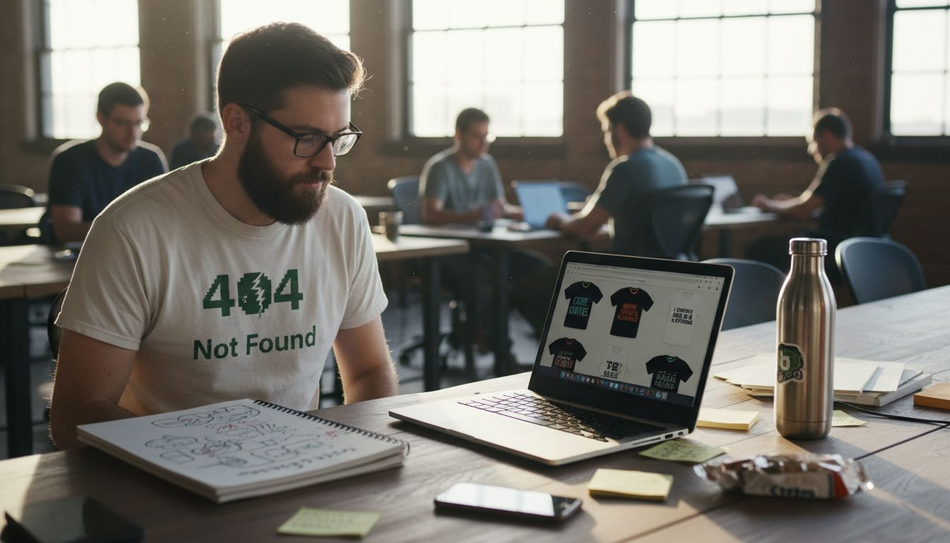 Developer selecting tech humor T-shirt online