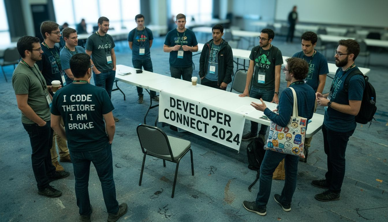 Developers in tech apparel bonding at event
