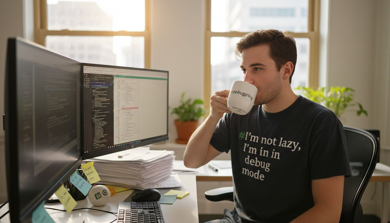 Developer in graphic tee at cluttered workspace
