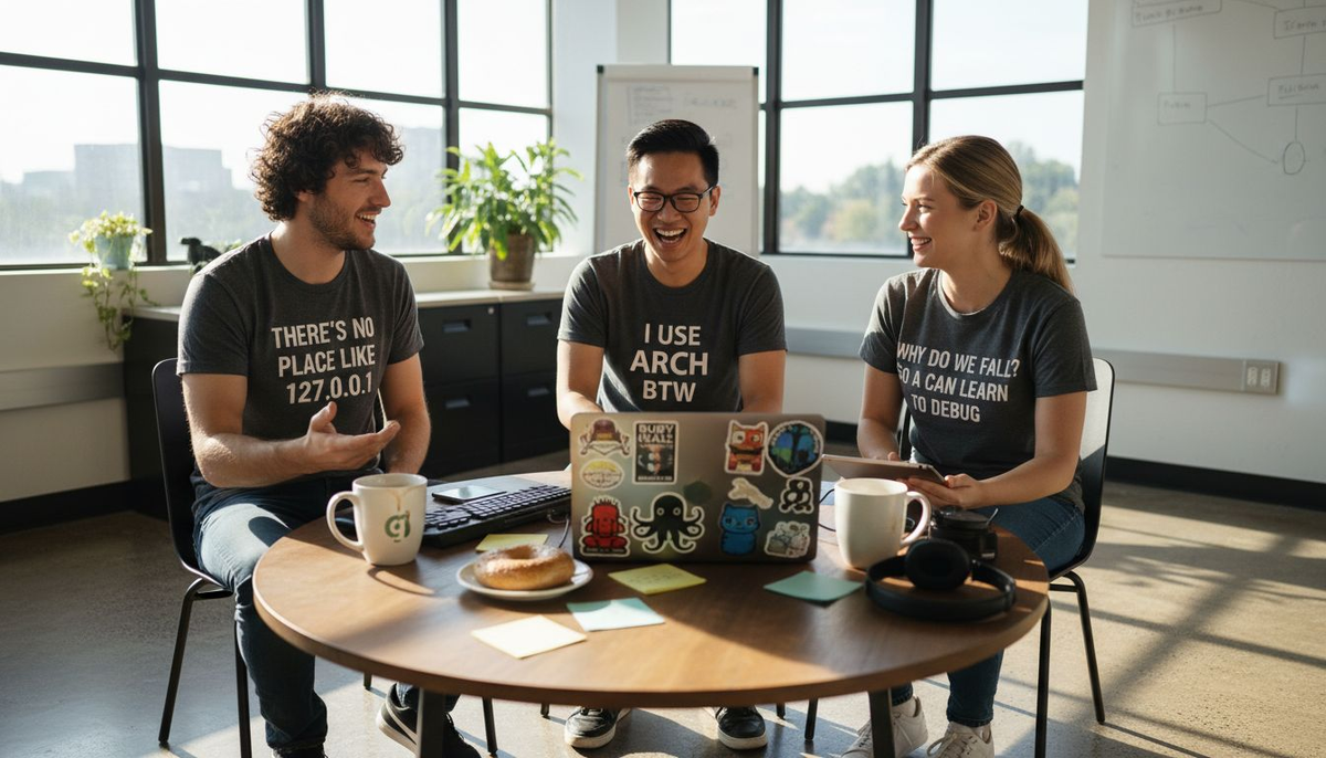 Developers socializing in tech humor shirts