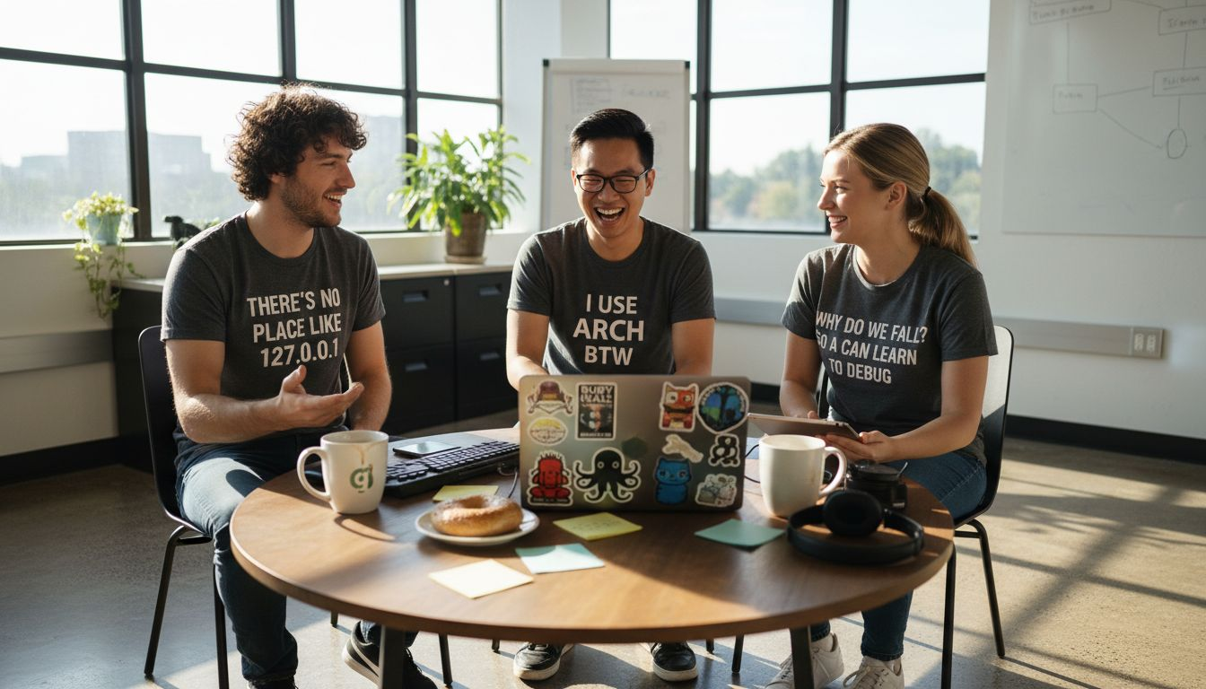 Developers socializing in tech humor shirts
