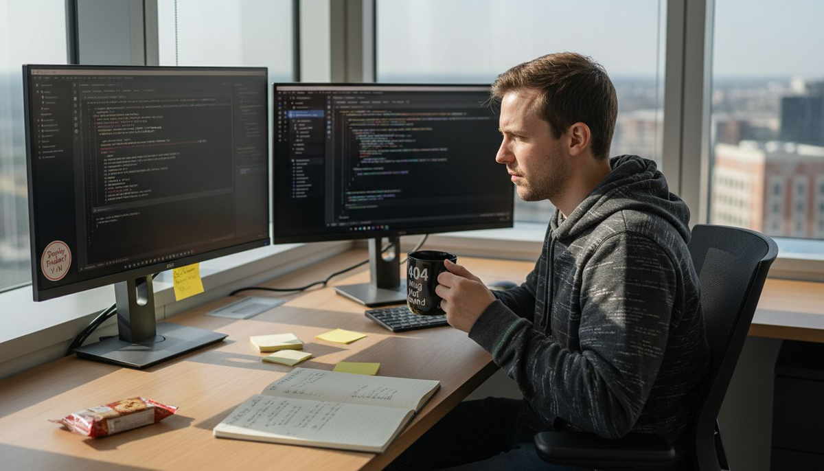 Developer in niche hoodie coding at cluttered desk