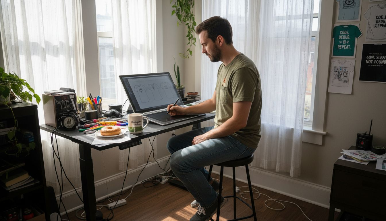Designer sketching tech shirt concepts
