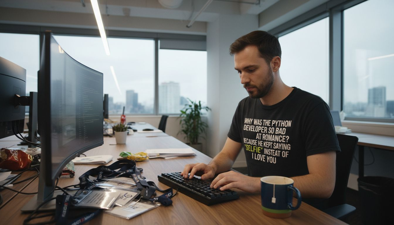Developer wearing humorous programming shirt in office