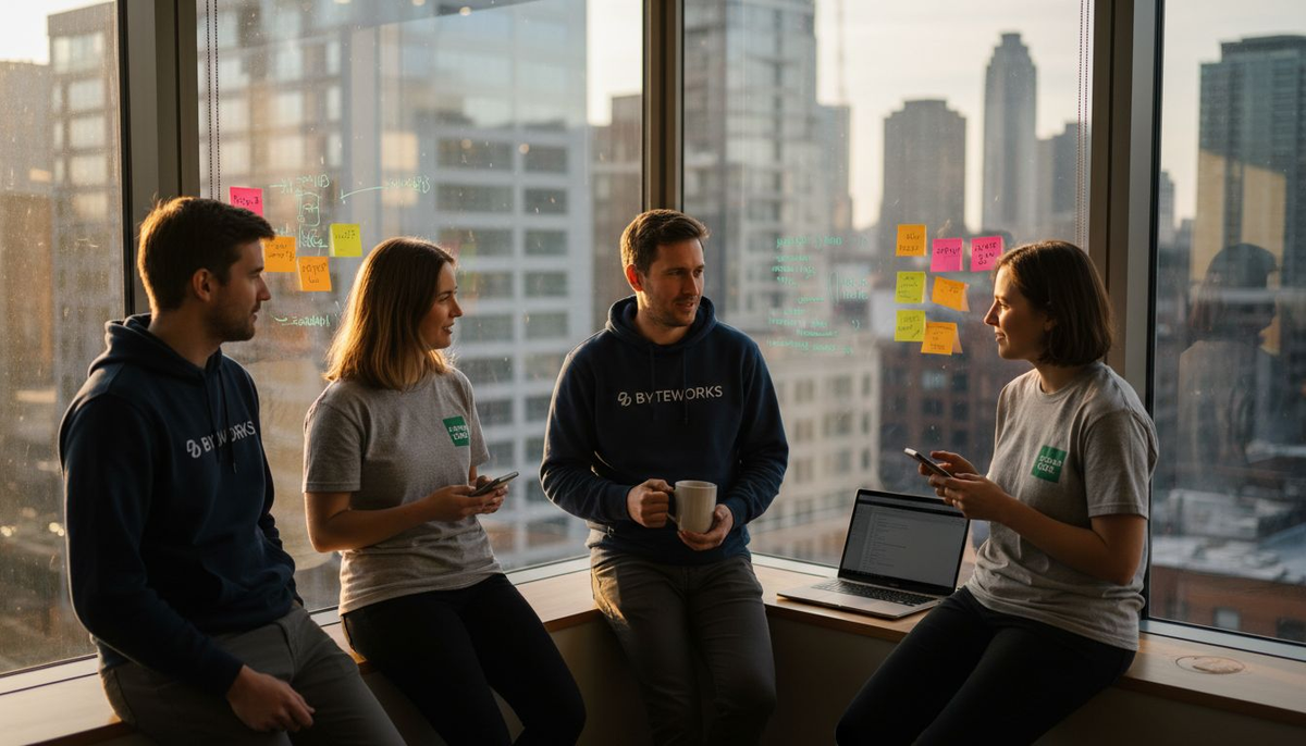 Developers wearing branded apparel in office