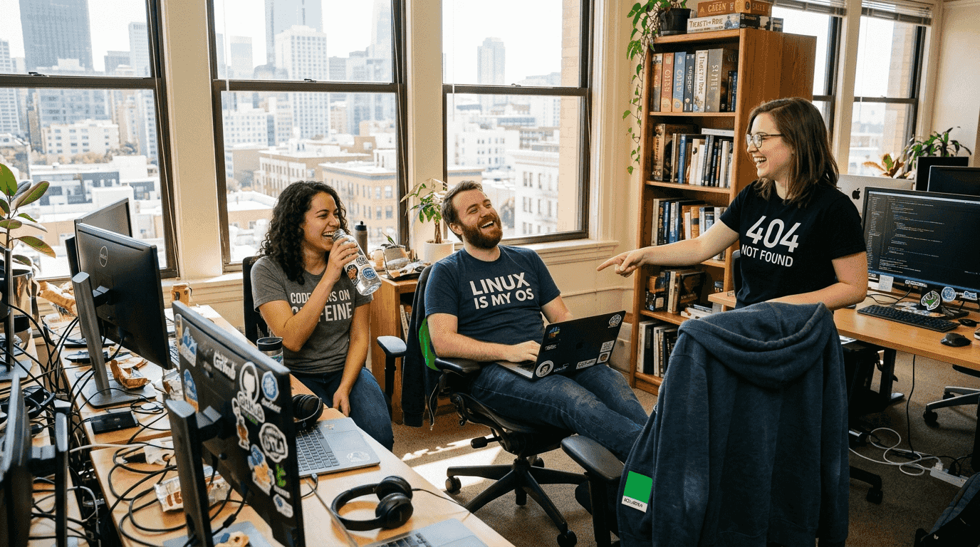 Developers wearing tech shirts in casual office