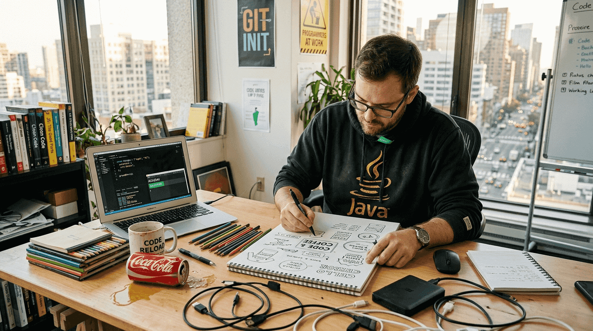 Programmer sketching programming T-shirt ideas