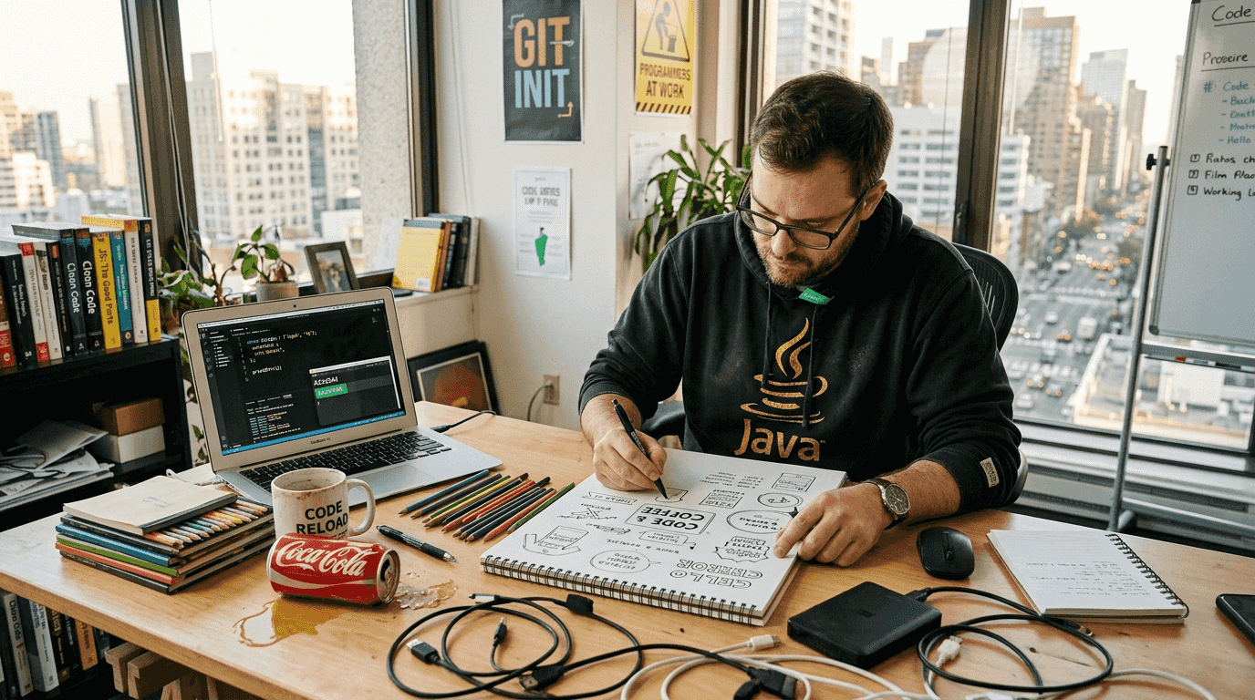 Programmer sketching programming T-shirt ideas