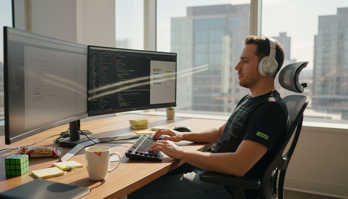 Developer in office wearing code-themed T-shirt