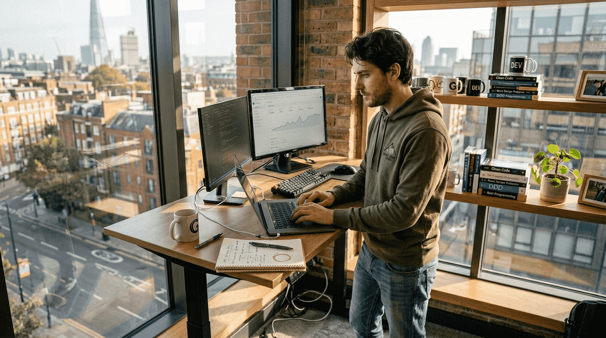 Developer in sustainable hoodie by office window