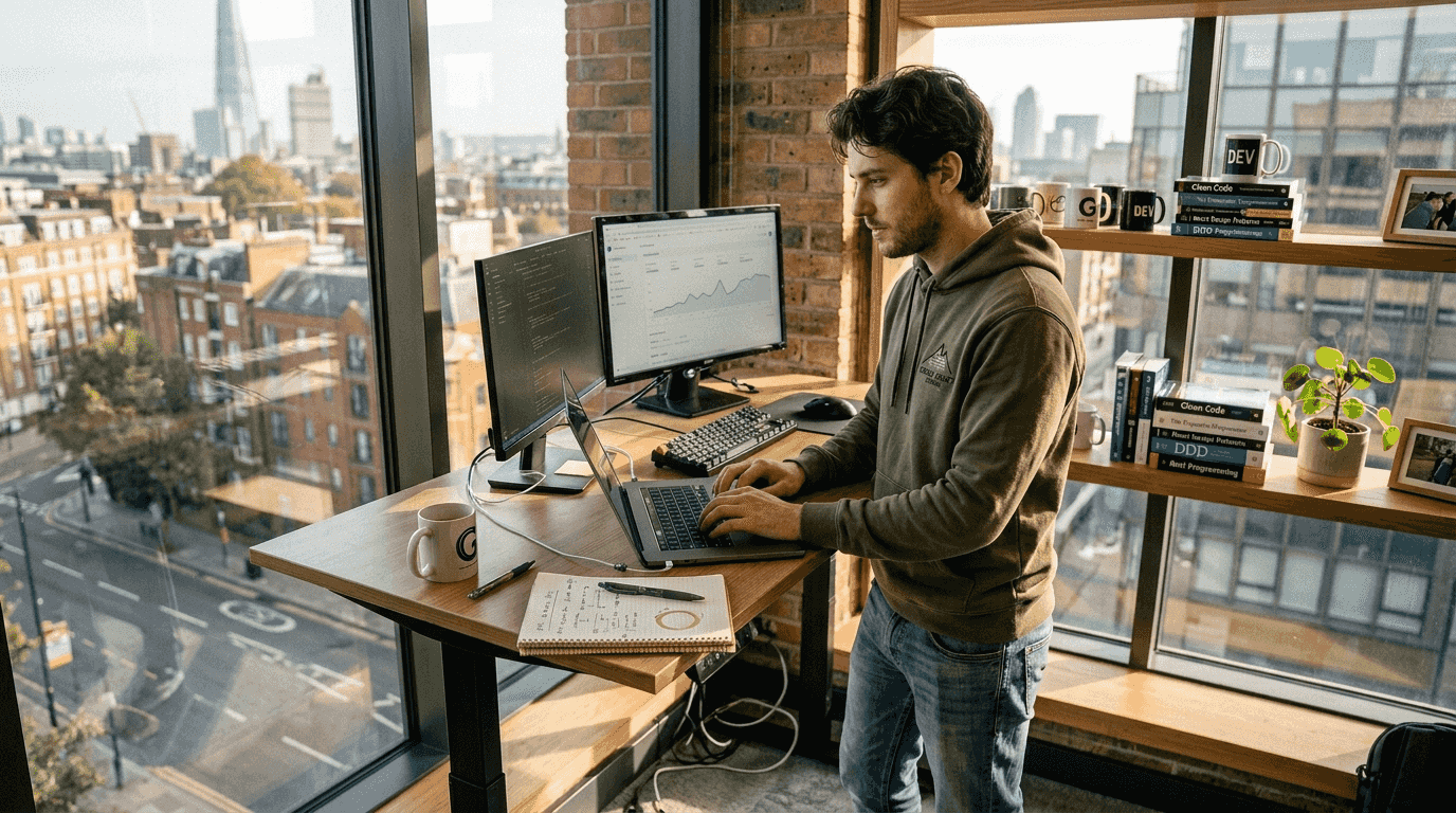 Developer in sustainable hoodie by office window