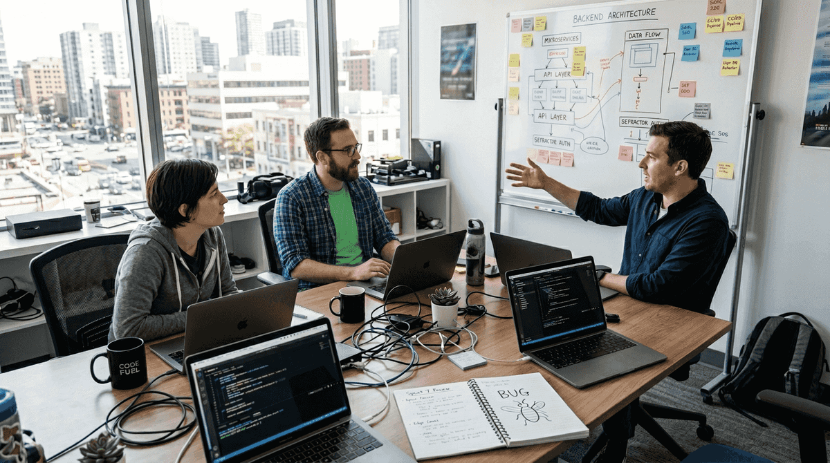 Developers collaborating in a sunlit modern office
