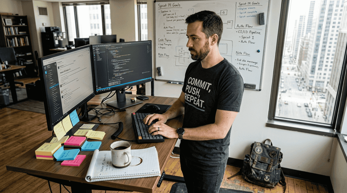 Developer in witty coding t-shirt at desk