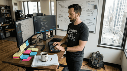 Developer in witty coding t-shirt at desk