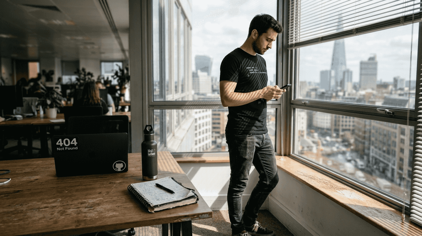 Developer in coding t-shirt near office window
