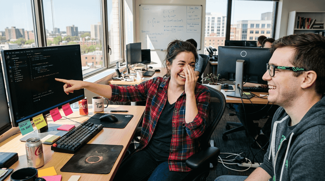 Programmers sharing joke in bright office
