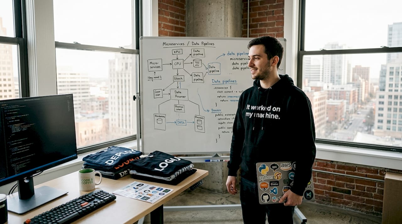 Developer wearing code-themed hoodie in office