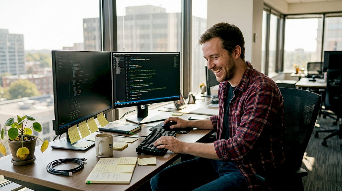 Developer laughing at funny code comments