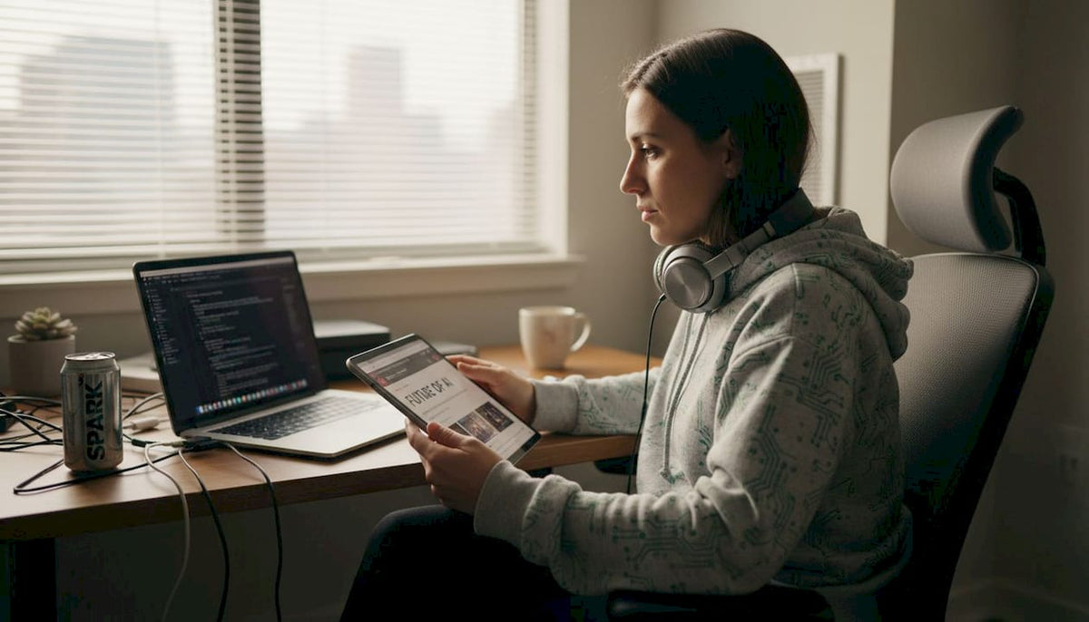 Tech enthusiast in home office full of devices