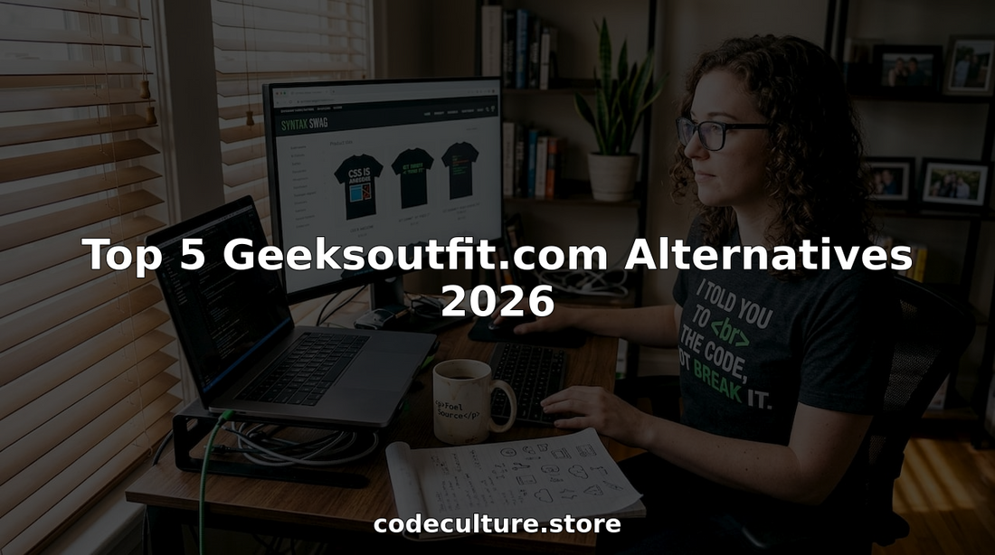 Developer browsing geeky apparel websites in home office