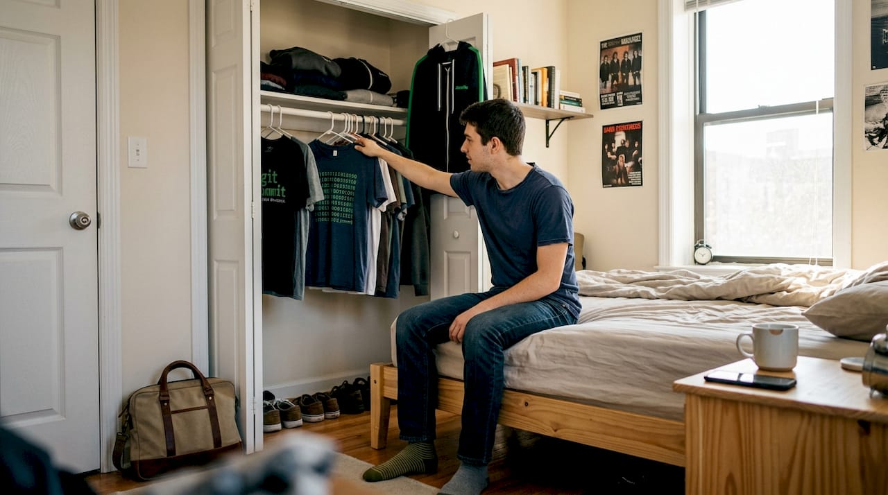 Developer choosing tees from organized tech wardrobe