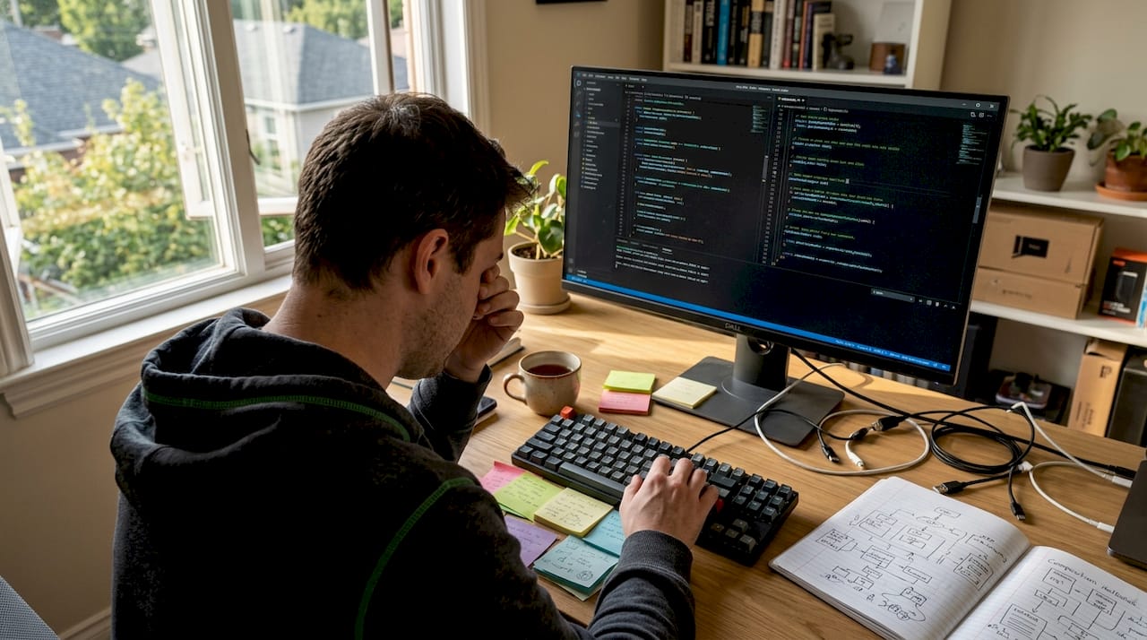 Developer working late in a cluttered home office