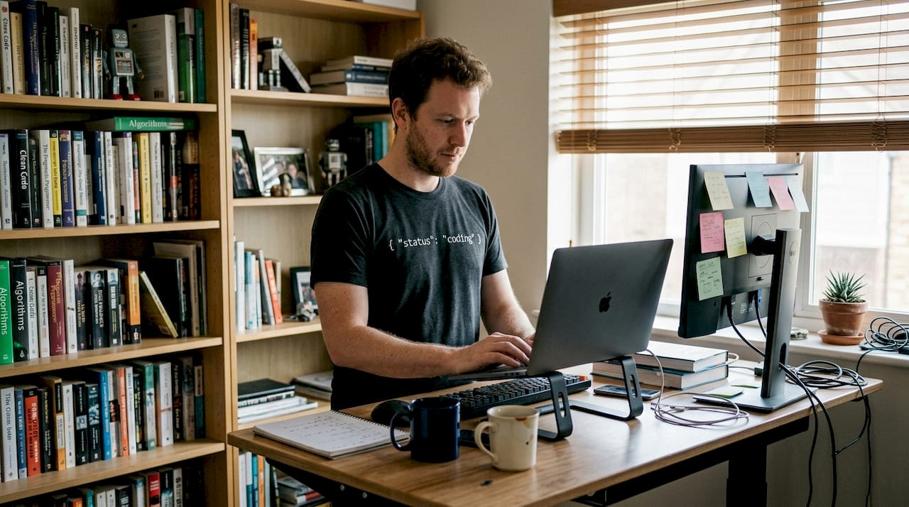 Developer in home office wearing coding T-shirt