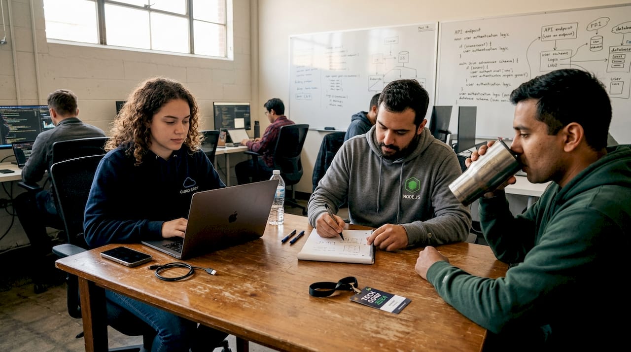 Developers collaborating at branded workspace table
