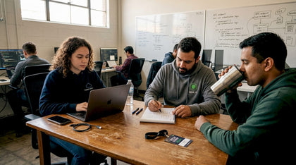 Developers collaborating at branded workspace table