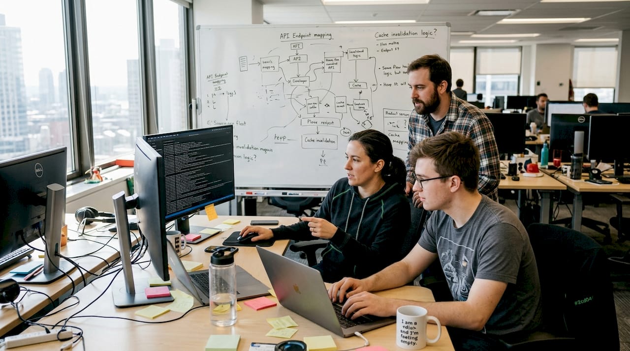 Developers collaborating in cluttered office