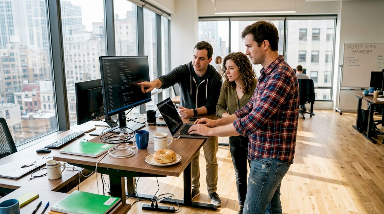 Software developers collaborating in lived-in office