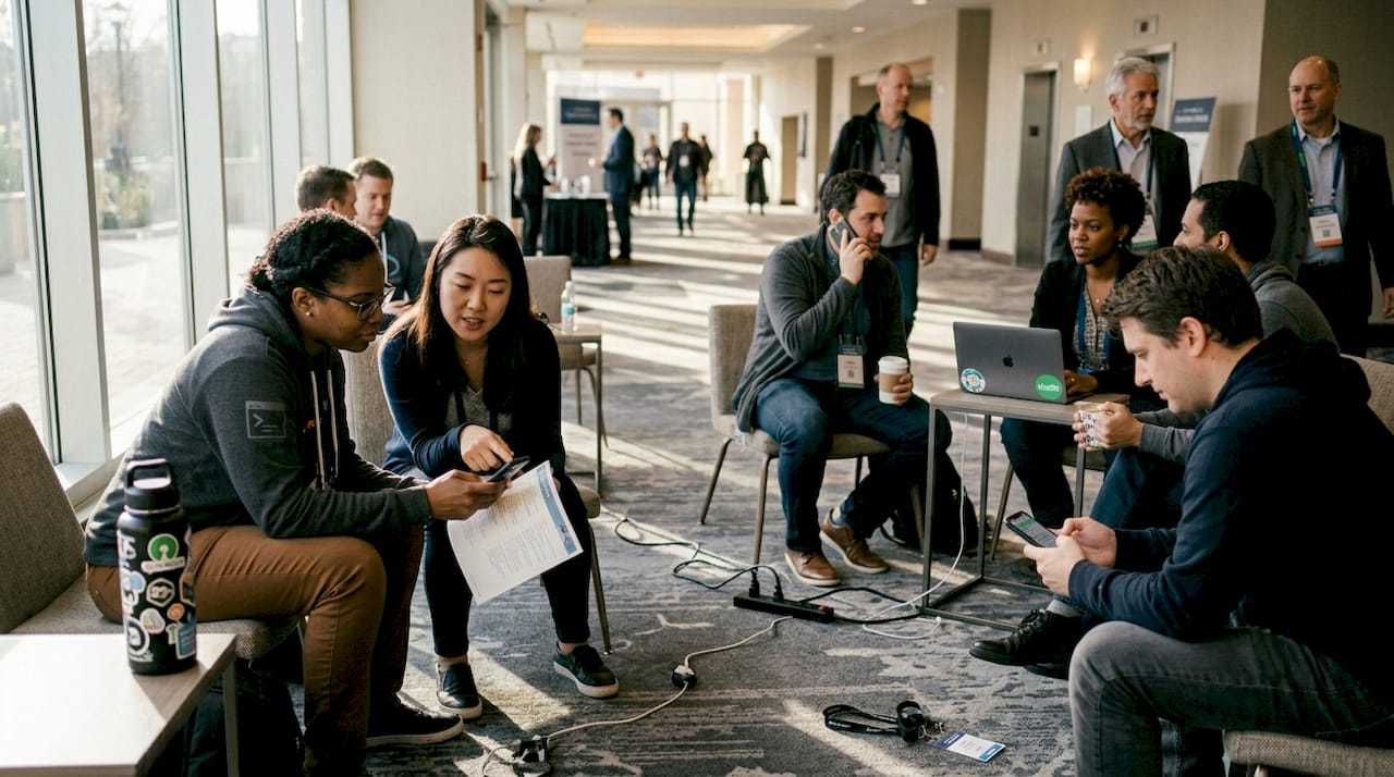 Tech conference attendees networking in busy lobby