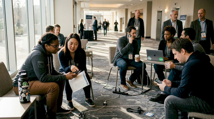 Tech conference attendees networking in busy lobby