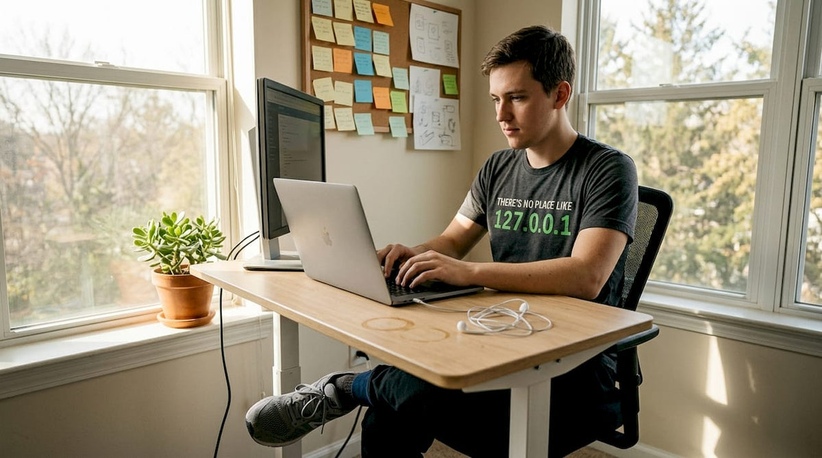 Developer in coding shirt at home office desk
